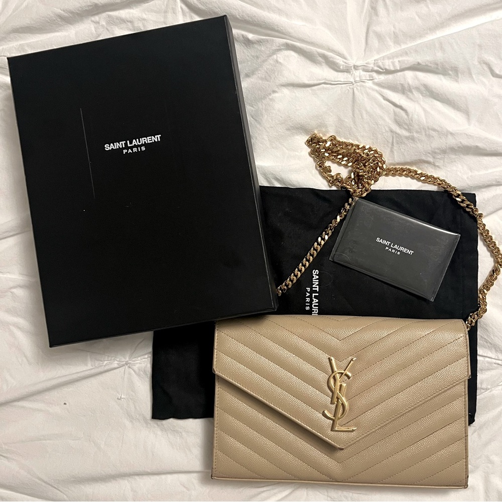 YSL Cassandre Matelasse Chain Wallet Leather Purse - Nude / Beige, Gold Hardware